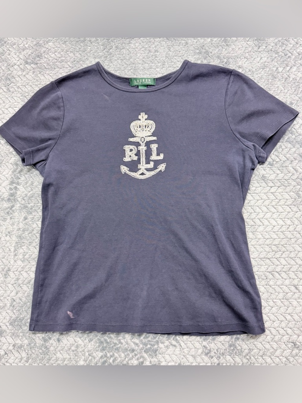 Lauren Ralph Lauren Navy Blue Beaded Crest Graphic T-Shirt Size Medium